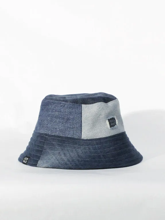 1ER MAI - Reversible bucket hat in blue jeans patchwork/black