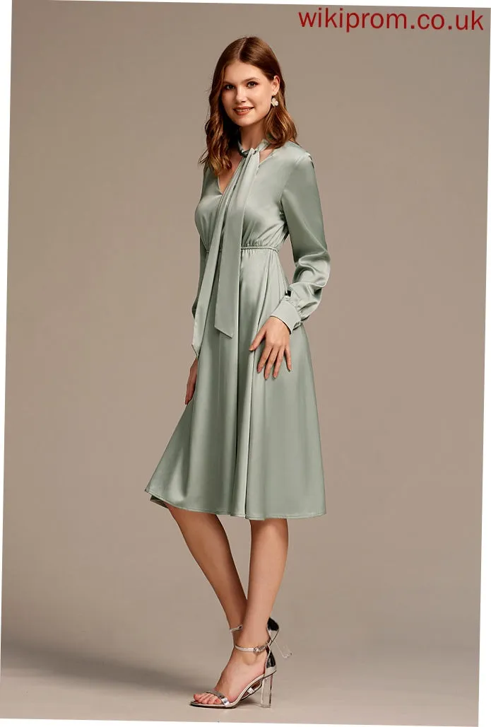 A-line Club Dresses Long V-Neck Elegant Bow(s) Esperanza Sleeves Midi Dresses Satin