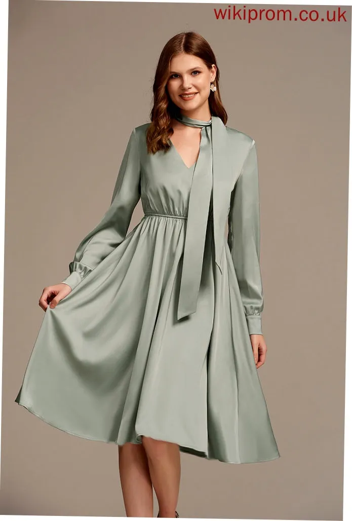 A-line Club Dresses Long V-Neck Elegant Bow(s) Esperanza Sleeves Midi Dresses Satin