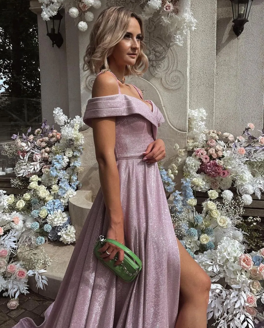 A-line Off-the-shoulder Glitter Long Prom Dress with Slit