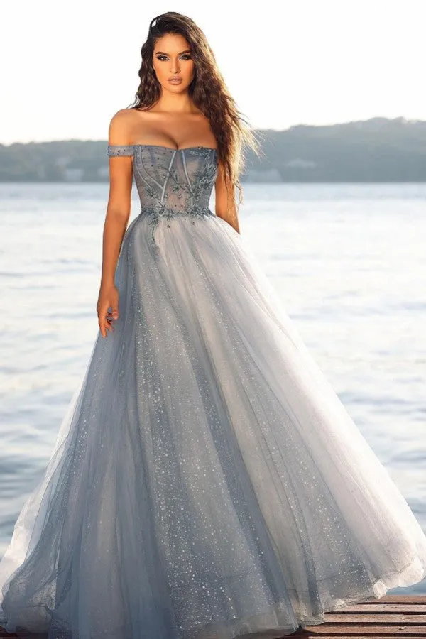 A-line Off-the-shoulder Tulle Glitter Strapless Long Prom Dress