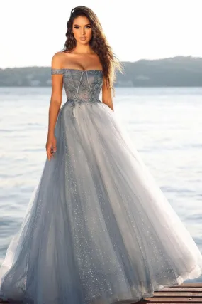 A-line Off-the-shoulder Tulle Glitter Strapless Long Prom Dress