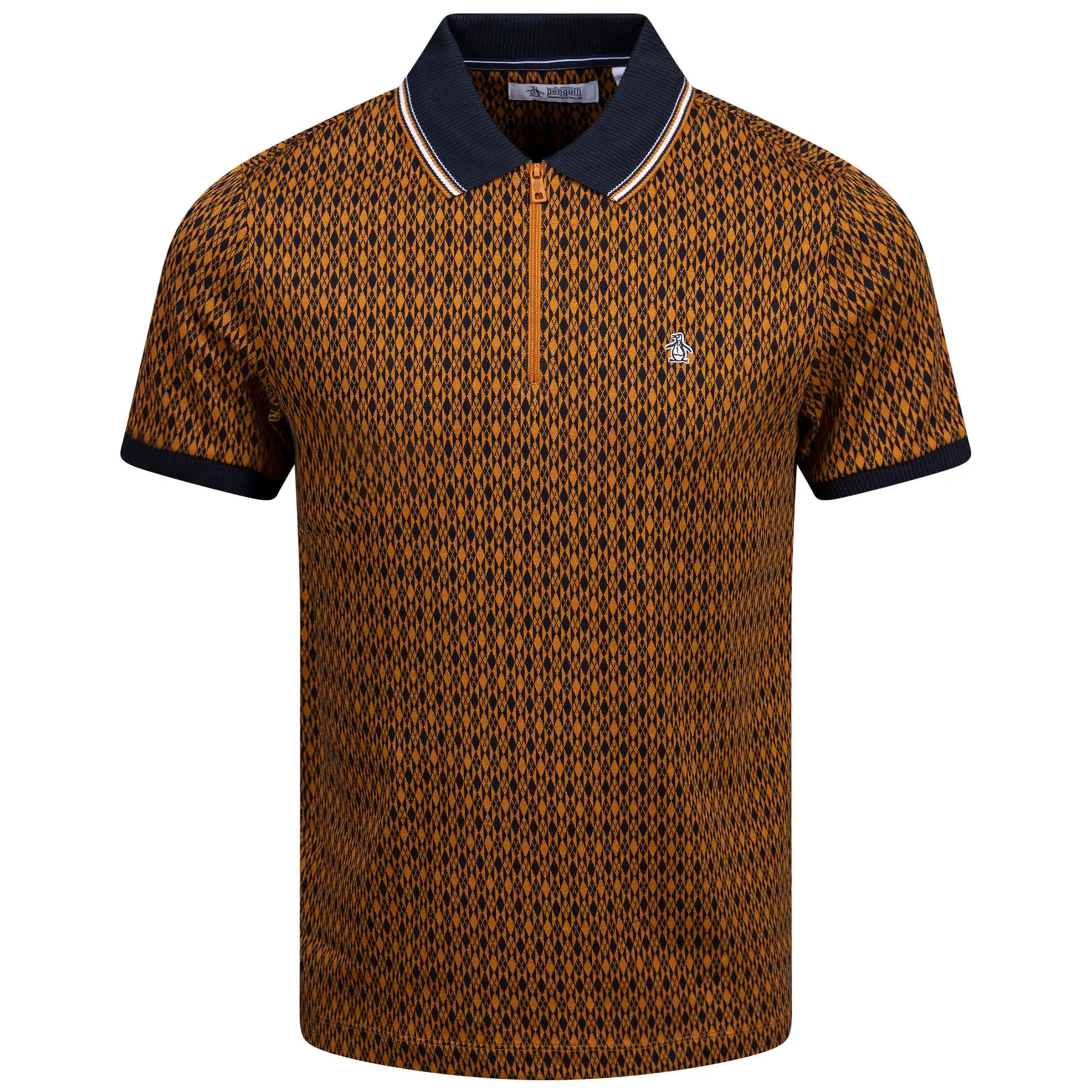 All Over Argyle Print Quarter Zip Polo Sudan Brown - AW24