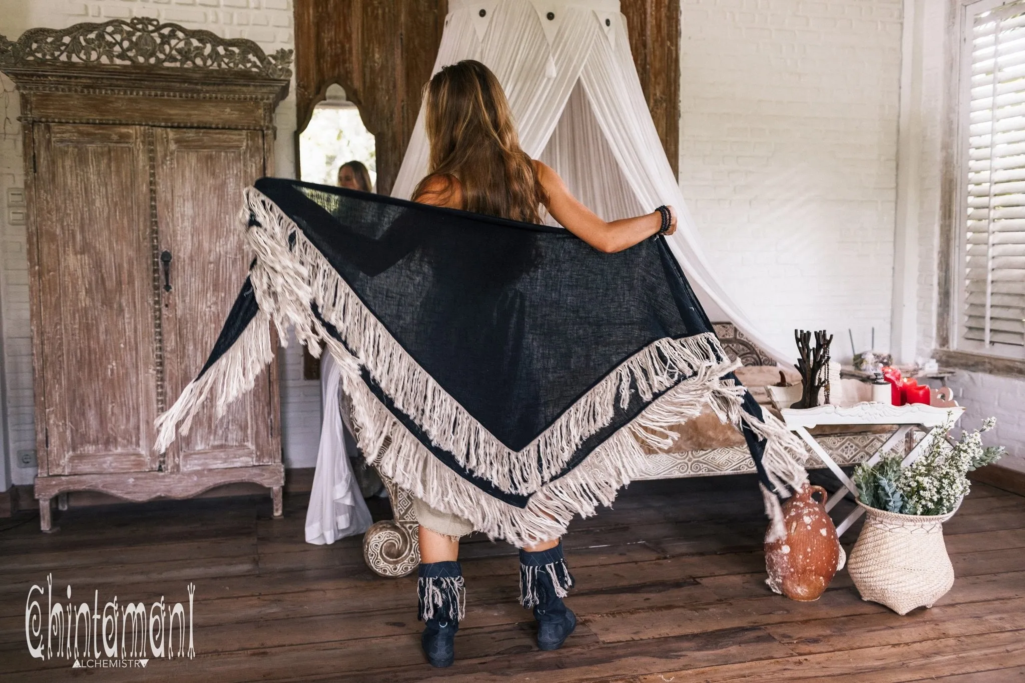 Alma Libra Fringe Boho Shawl ∆ Bohemian Scarf / Black