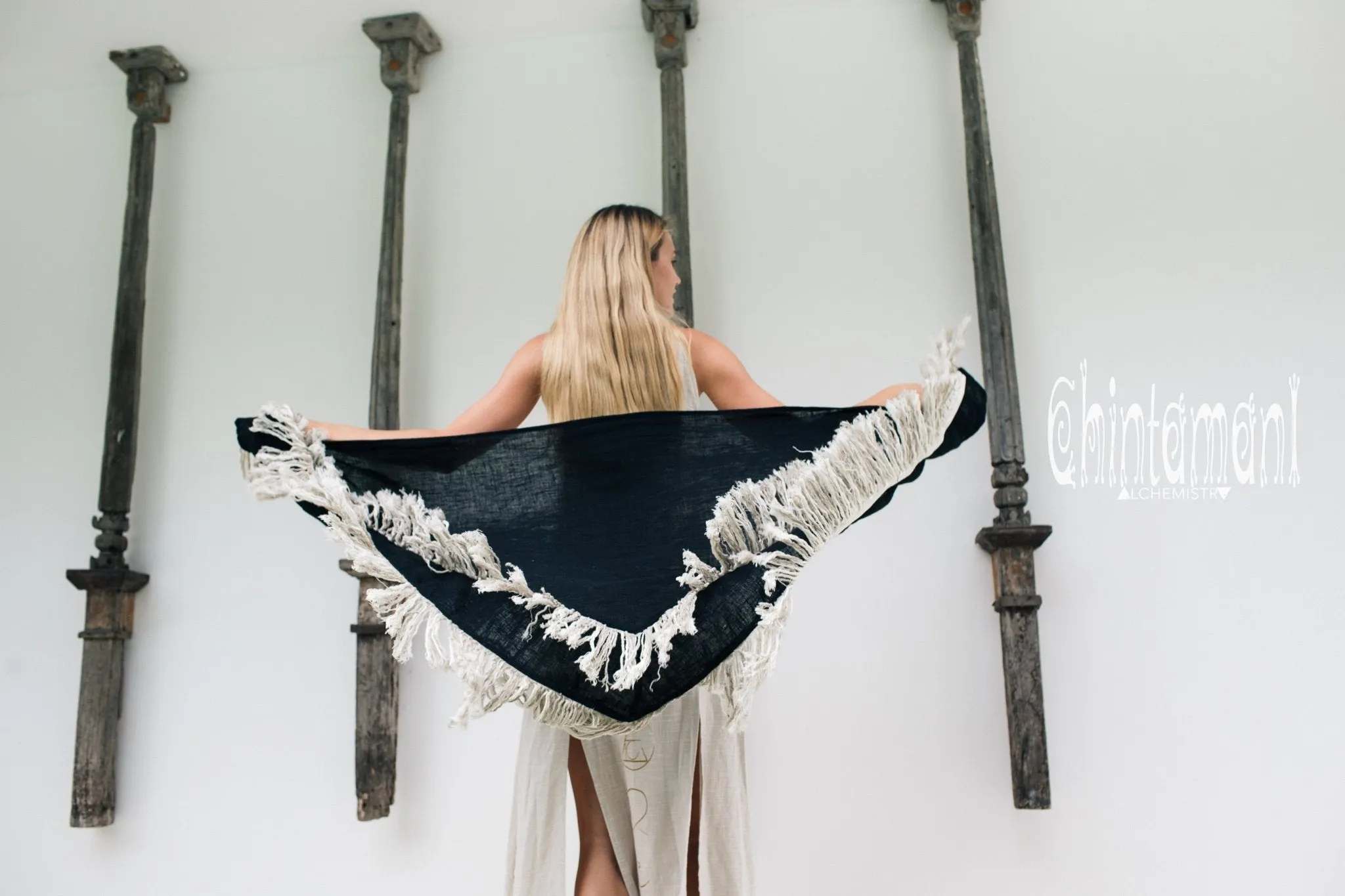 Alma Libra Fringe Boho Shawl ∆ Bohemian Scarf / Black