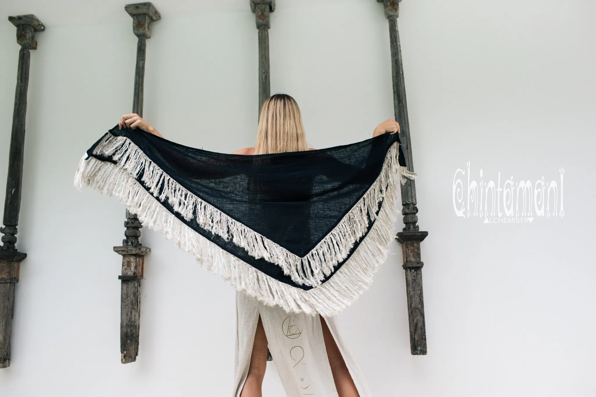 Alma Libra Fringe Boho Shawl ∆ Bohemian Scarf / Black