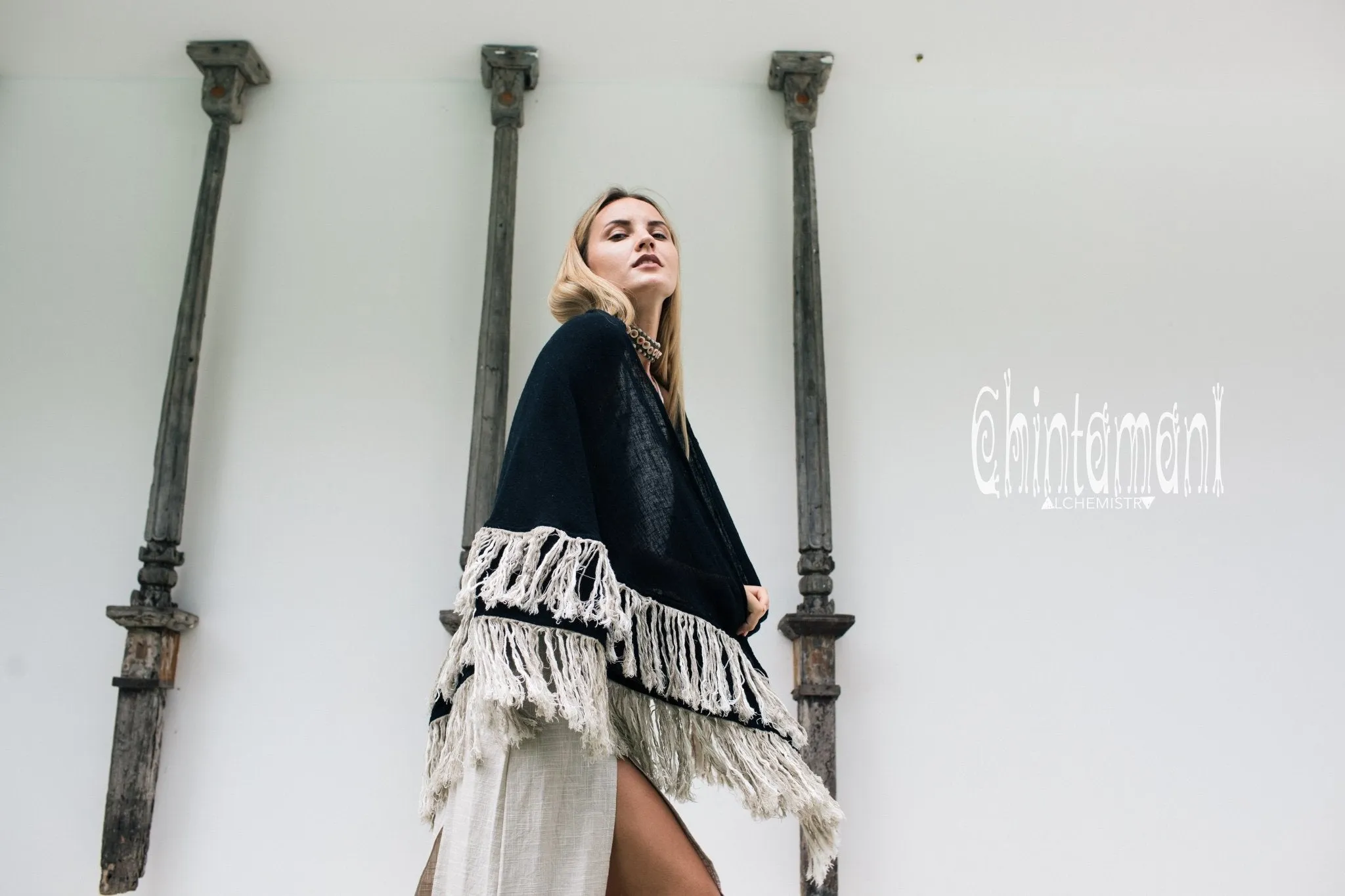 Alma Libra Fringe Boho Shawl ∆ Bohemian Scarf / Black