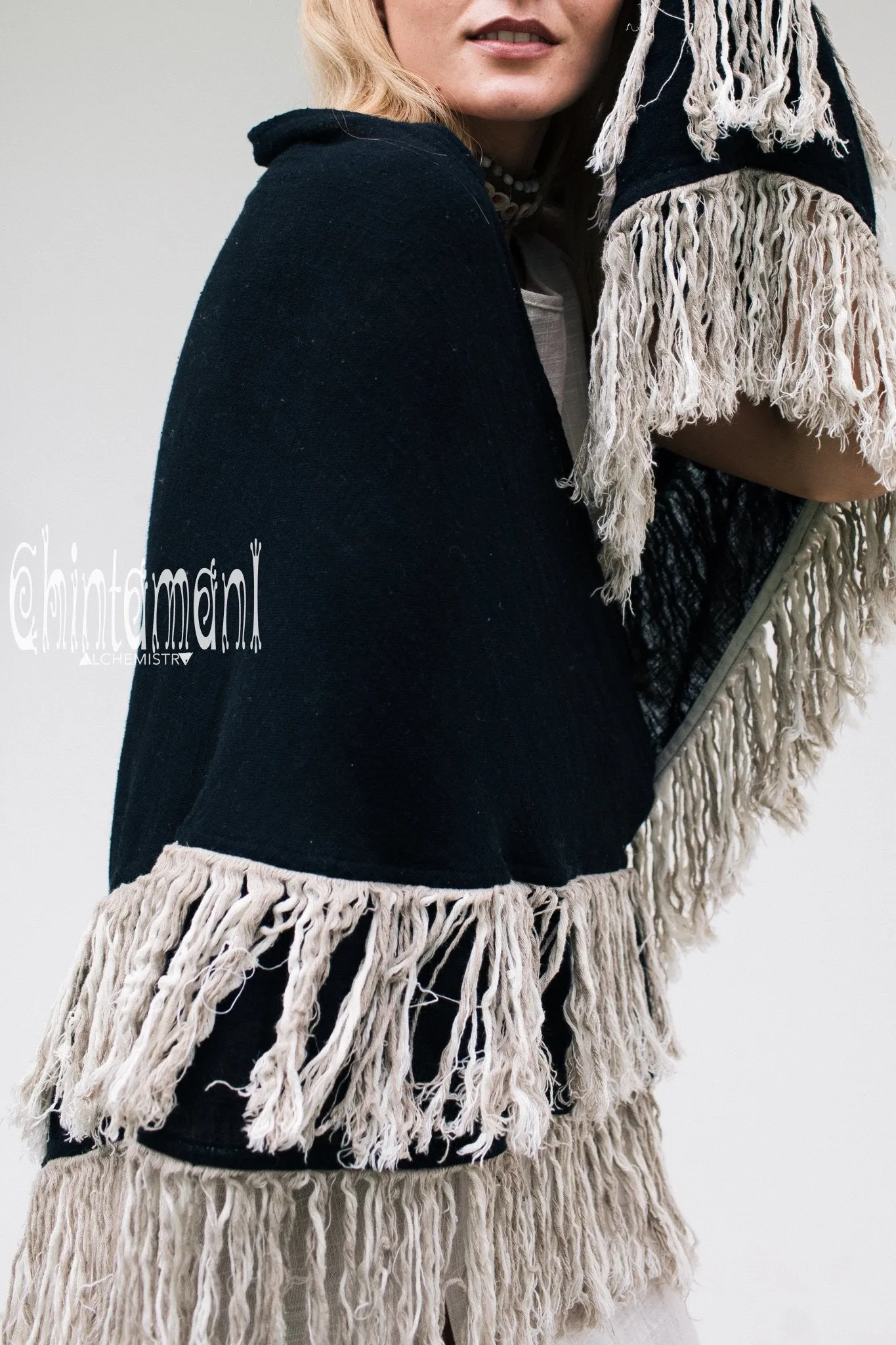 Alma Libra Fringe Boho Shawl ∆ Bohemian Scarf / Black