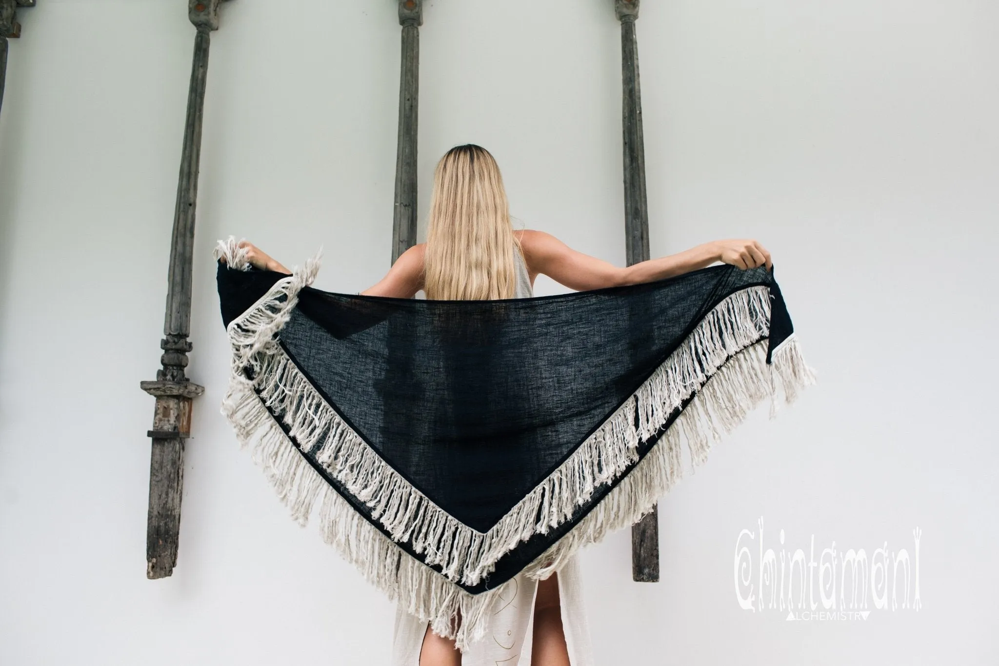 Alma Libra Fringe Boho Shawl ∆ Bohemian Scarf / Black