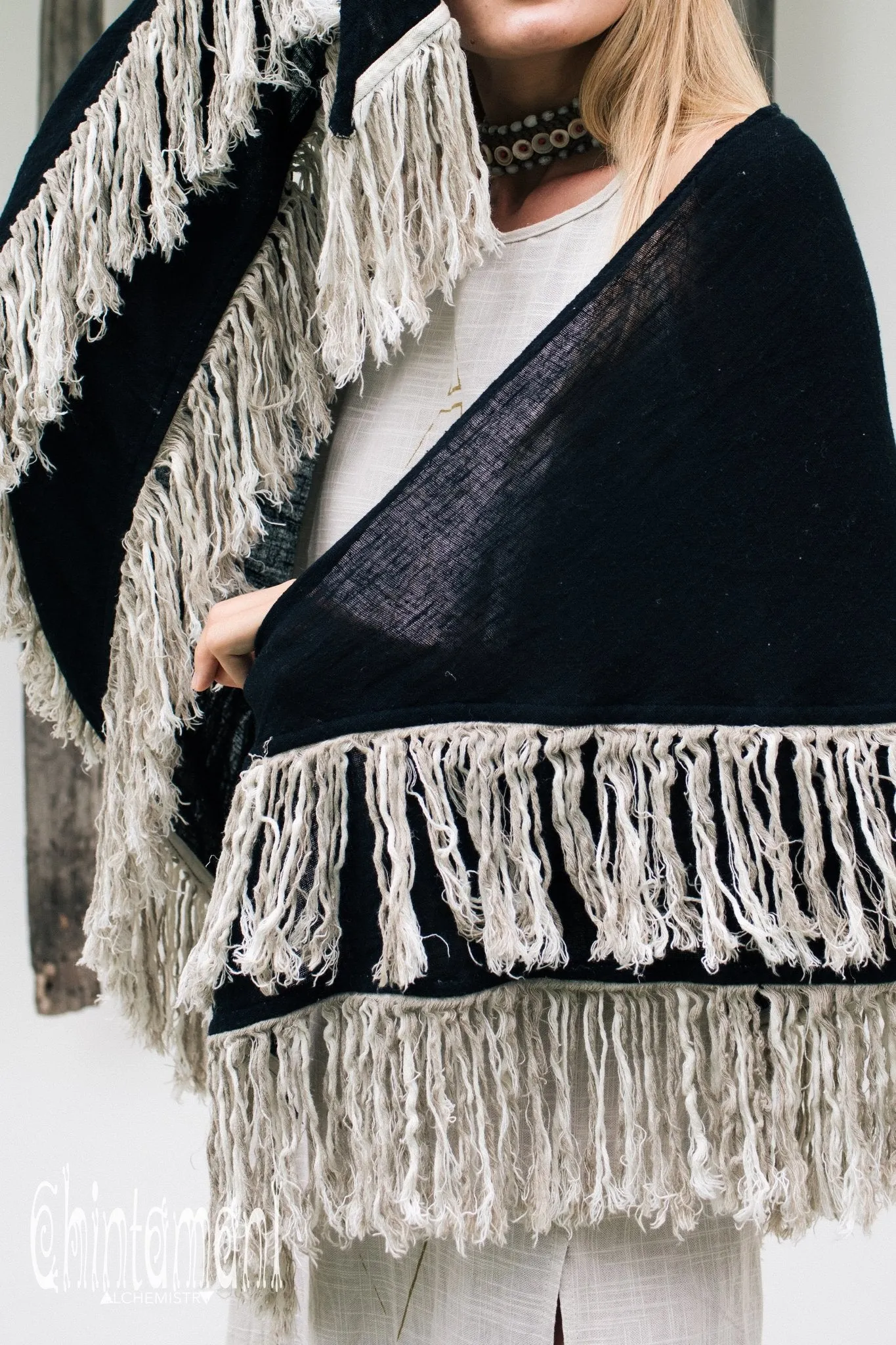 Alma Libra Fringe Boho Shawl ∆ Bohemian Scarf / Black