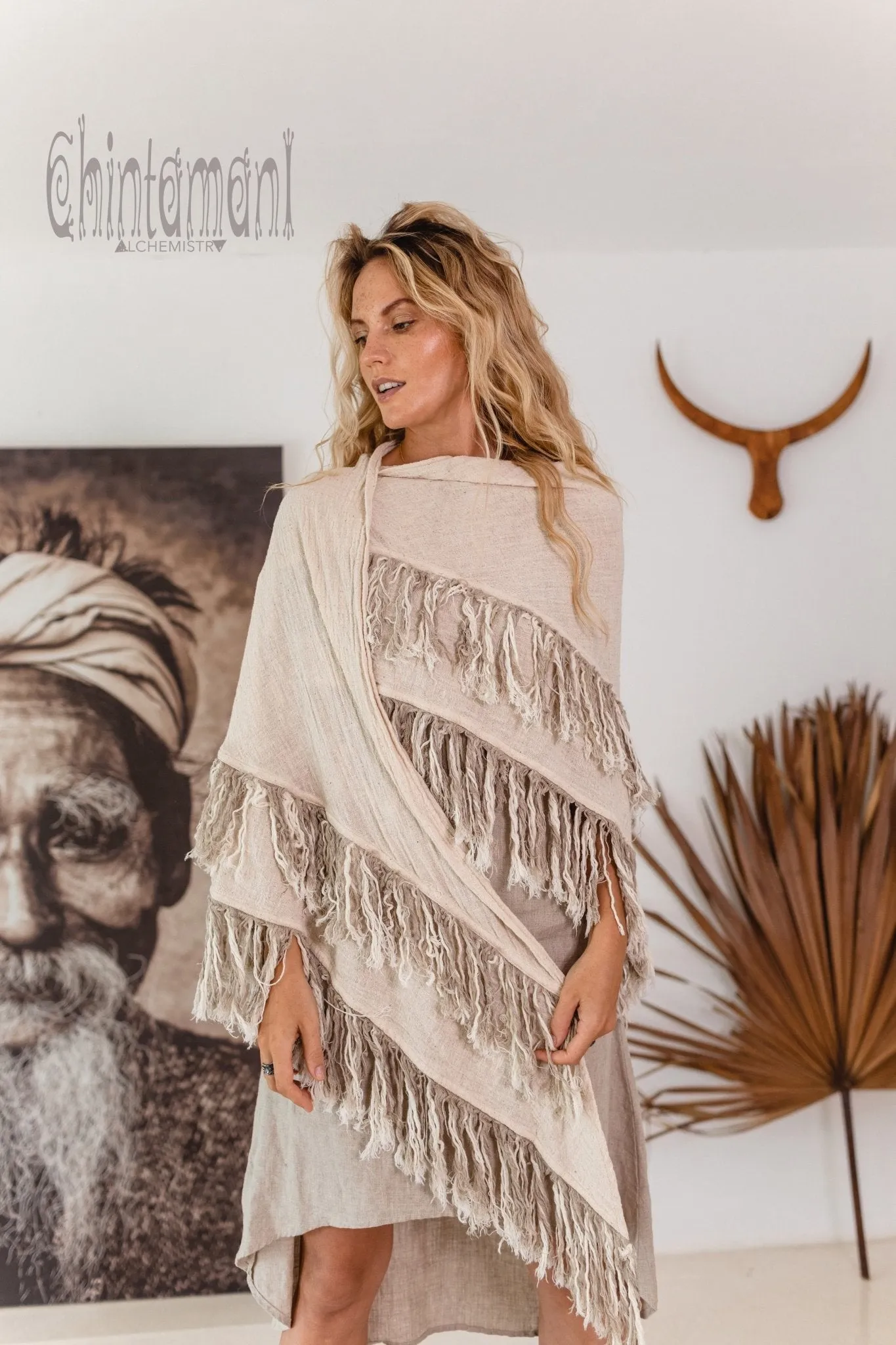 Alma Libra Fringe Boho Shawl ∆ Bohemian Scarf / Off White