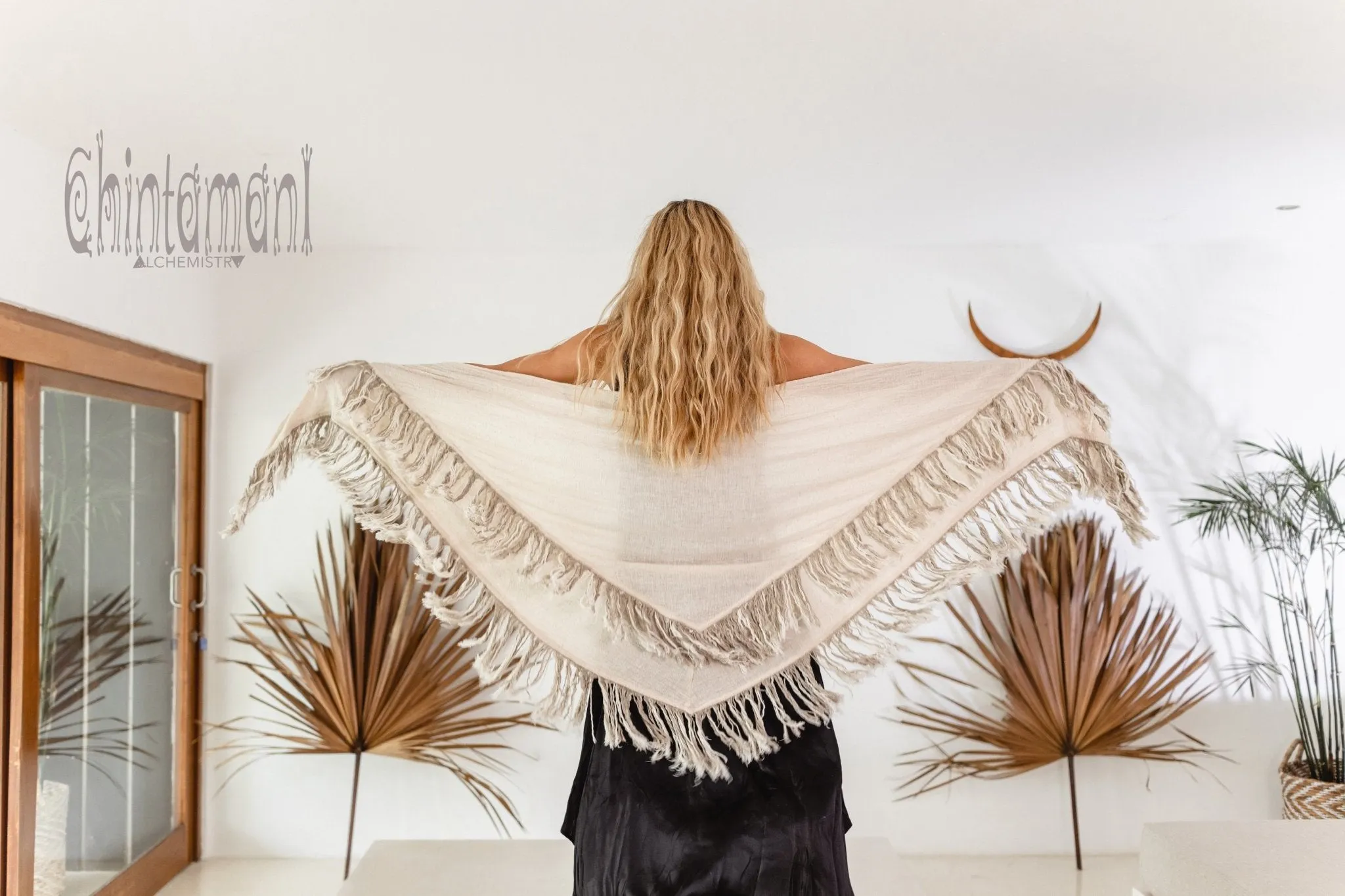 Alma Libra Fringe Boho Shawl ∆ Bohemian Scarf / Off White