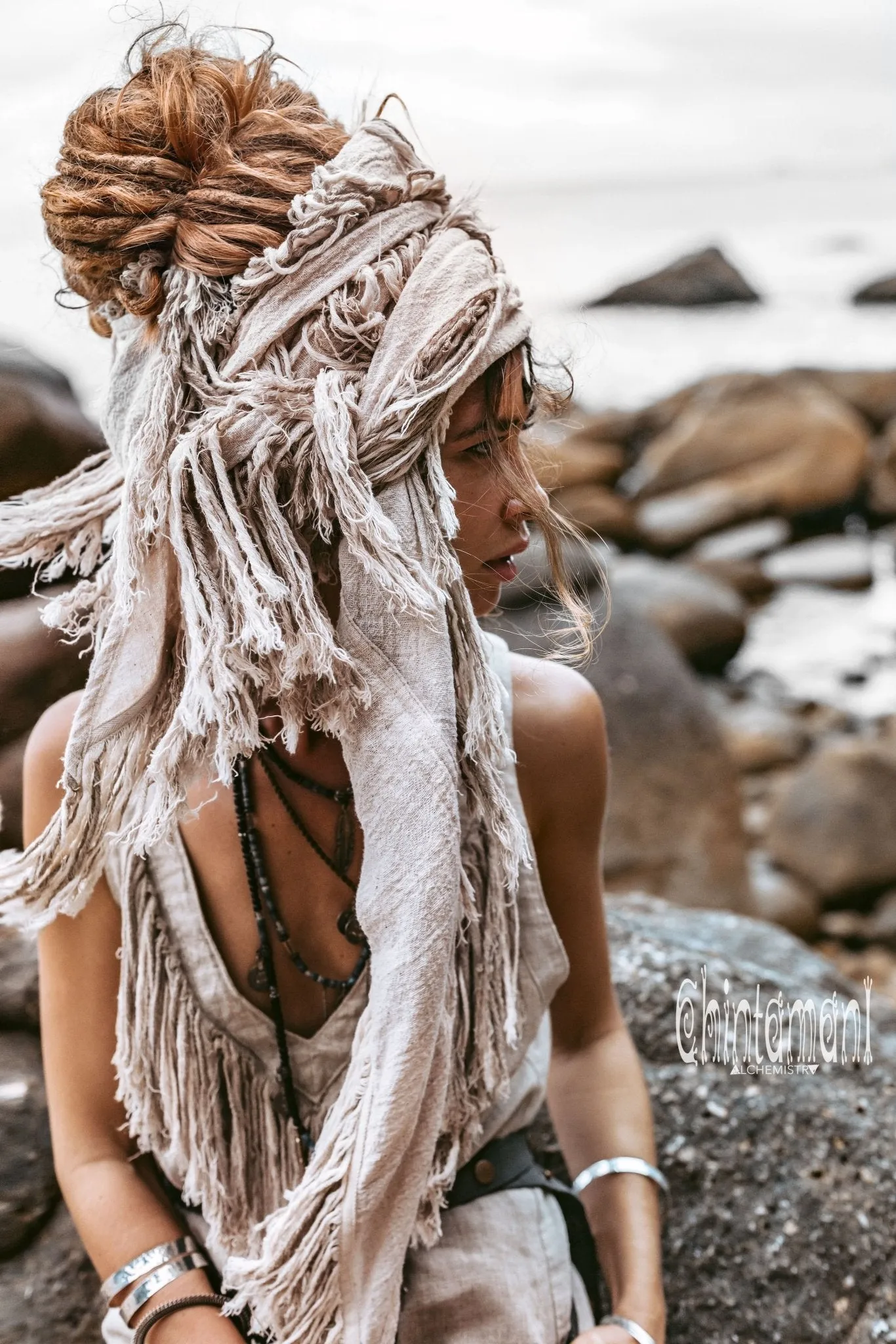 Alma Libra Fringe Boho Shawl ∆ Bohemian Scarf / Off White