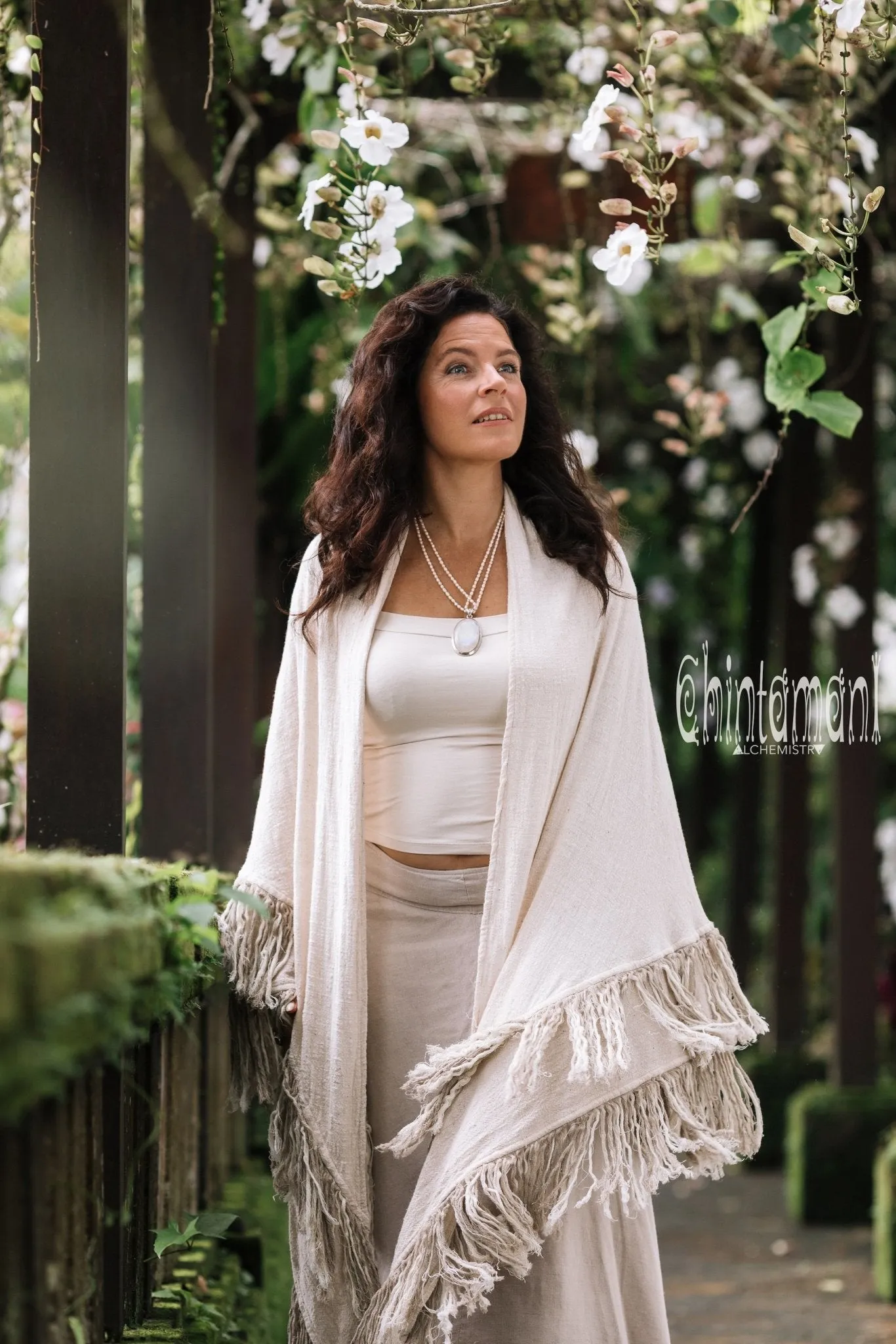 Alma Libra Fringe Boho Shawl ∆ Bohemian Scarf / Off White