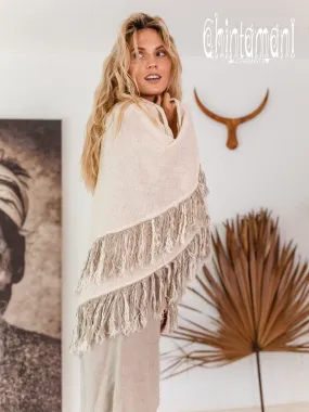 Alma Libra Fringe Boho Shawl ∆ Bohemian Scarf / Off White