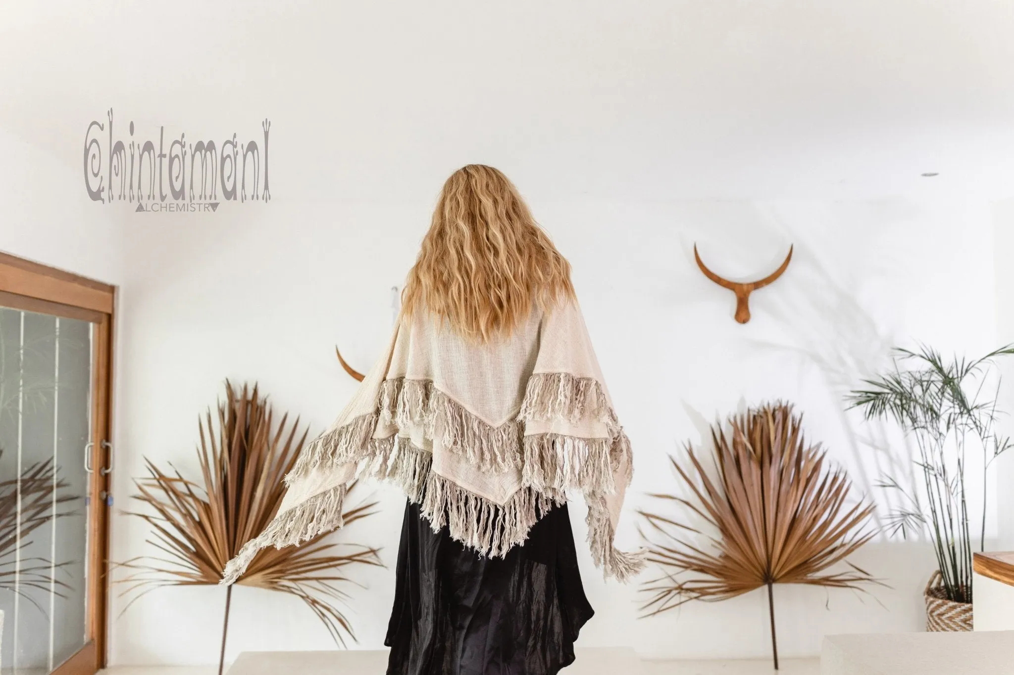 Alma Libra Fringe Boho Shawl ∆ Bohemian Scarf / Off White