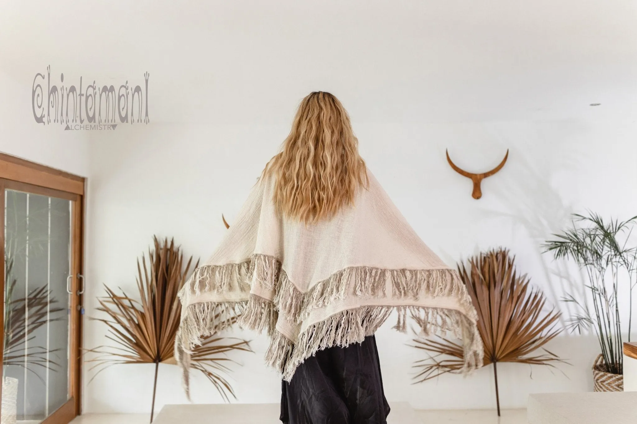 Alma Libra Fringe Boho Shawl ∆ Bohemian Scarf / Off White