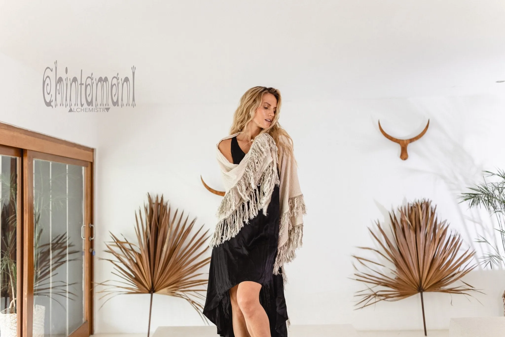 Alma Libra Fringe Boho Shawl ∆ Bohemian Scarf / Off White