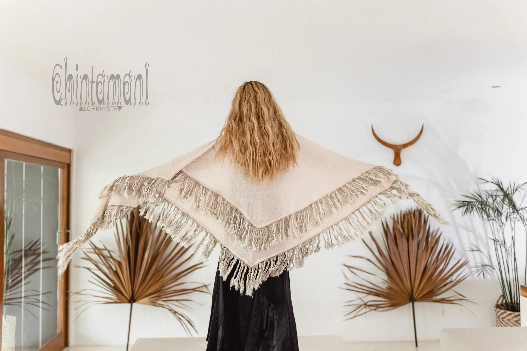 Alma Libra Fringe Boho Shawl ∆ Bohemian Scarf / Off White