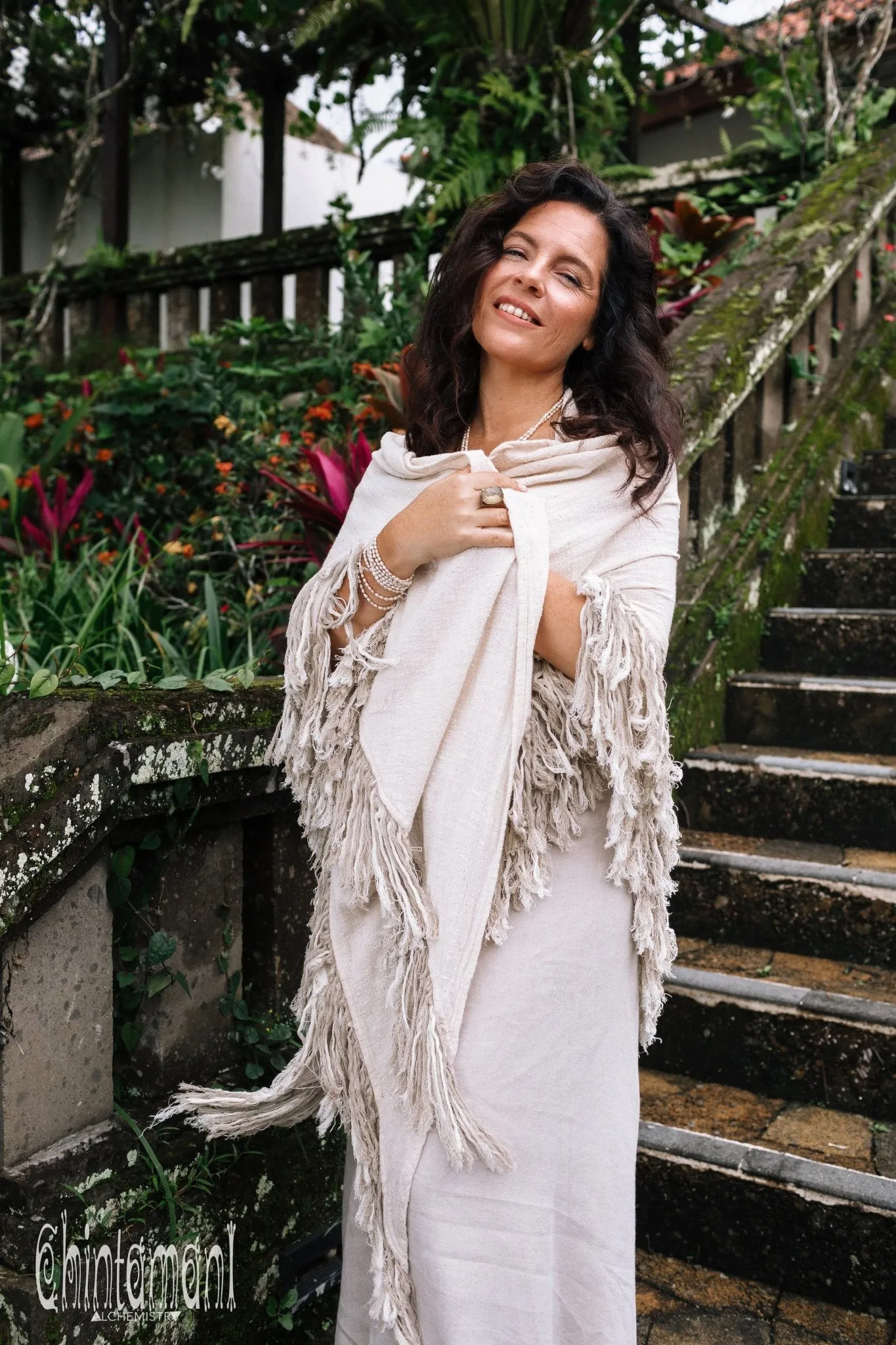 Alma Libra Fringe Boho Shawl ∆ Bohemian Scarf / Off White