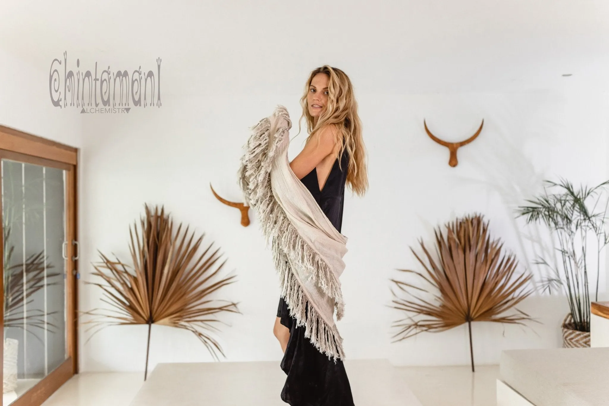 Alma Libra Fringe Boho Shawl ∆ Bohemian Scarf / Off White