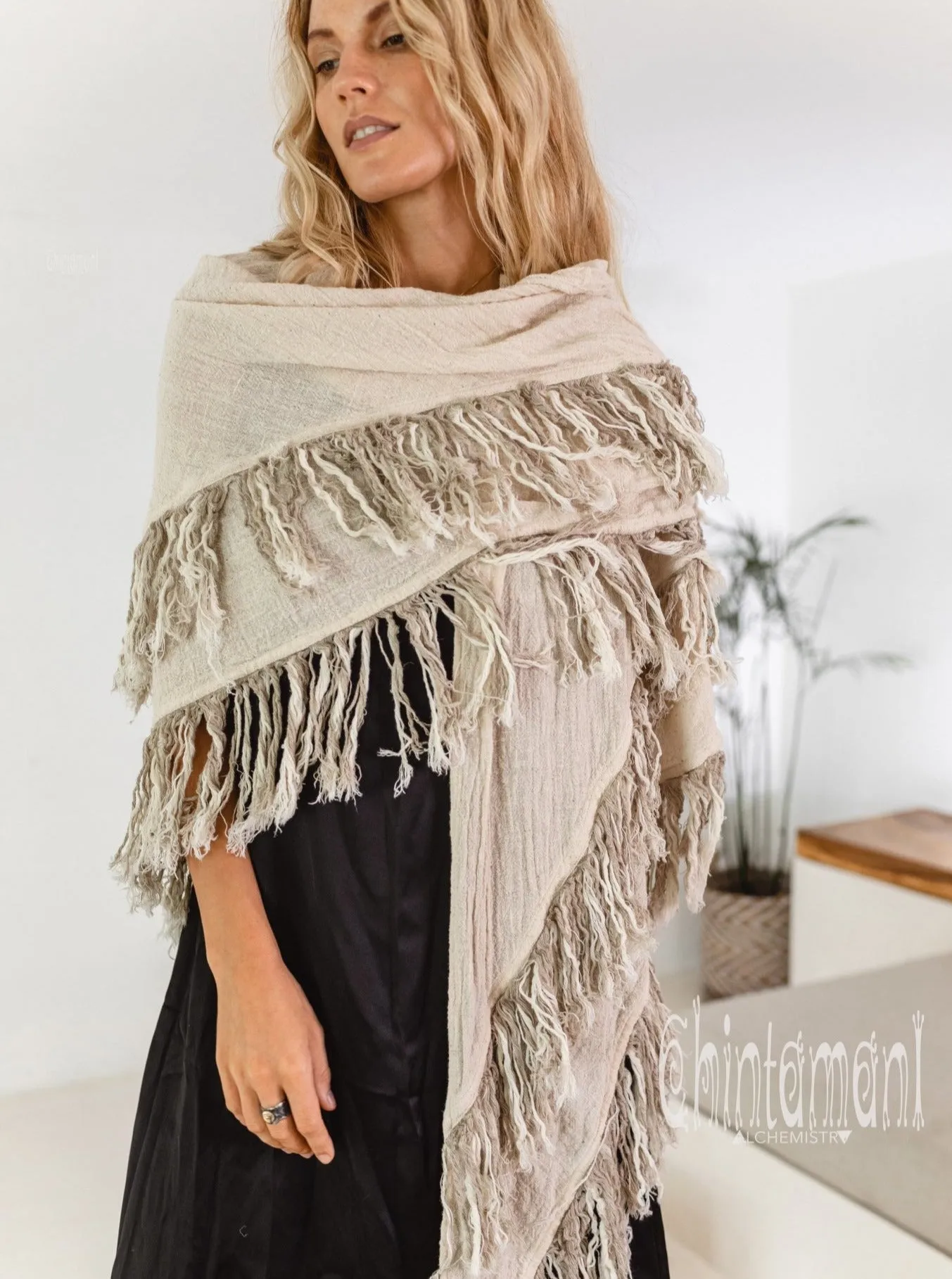 Alma Libra Fringe Boho Shawl ∆ Bohemian Scarf / Off White