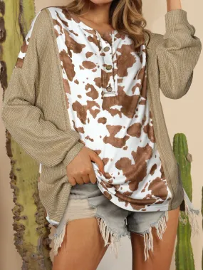 Animal Print Patchwork Lantern Sleeve Button-Up Blouse in Soft Khaki