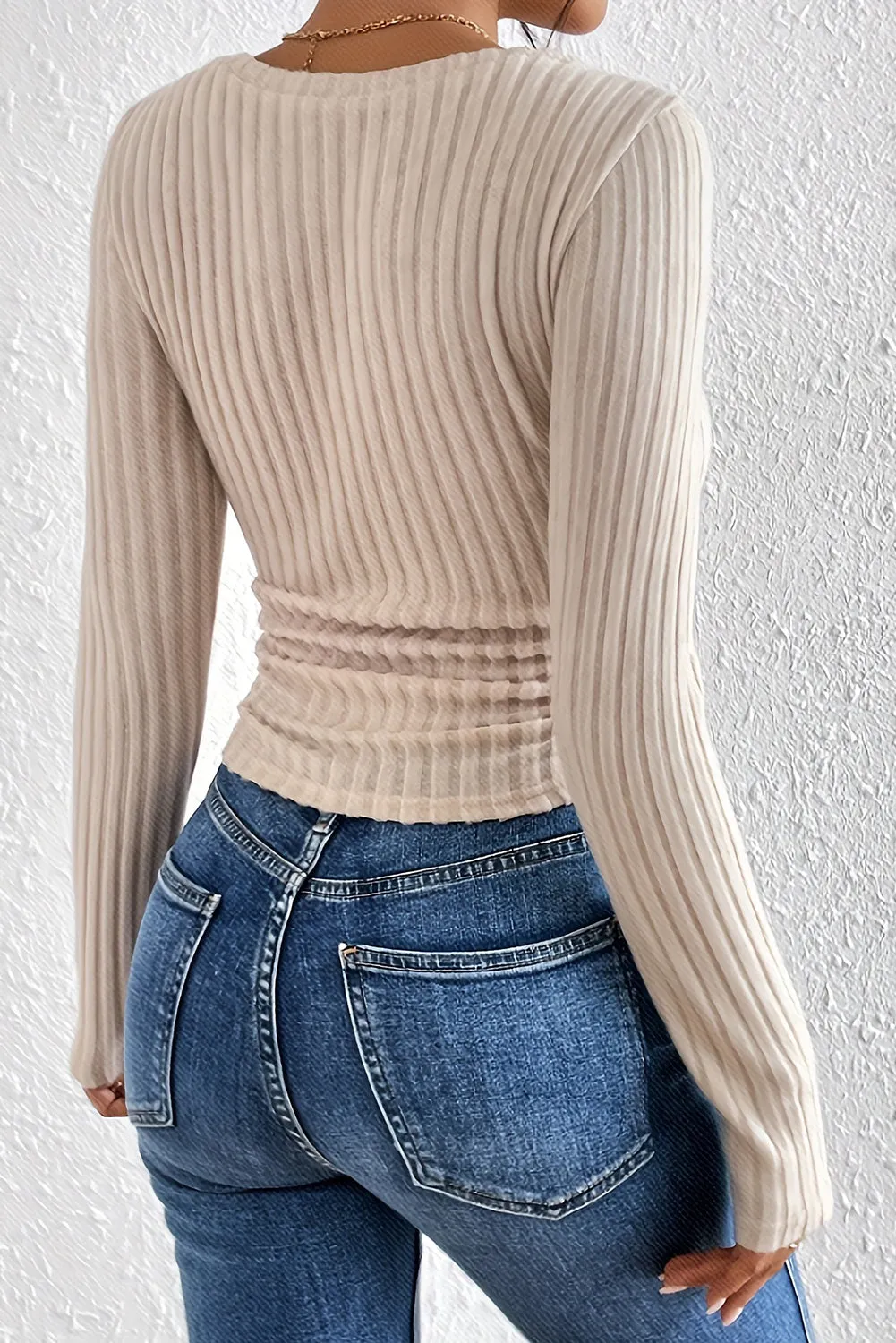 Apricot Solid Color Ribbed V Neck Long Sleeve Slim Top