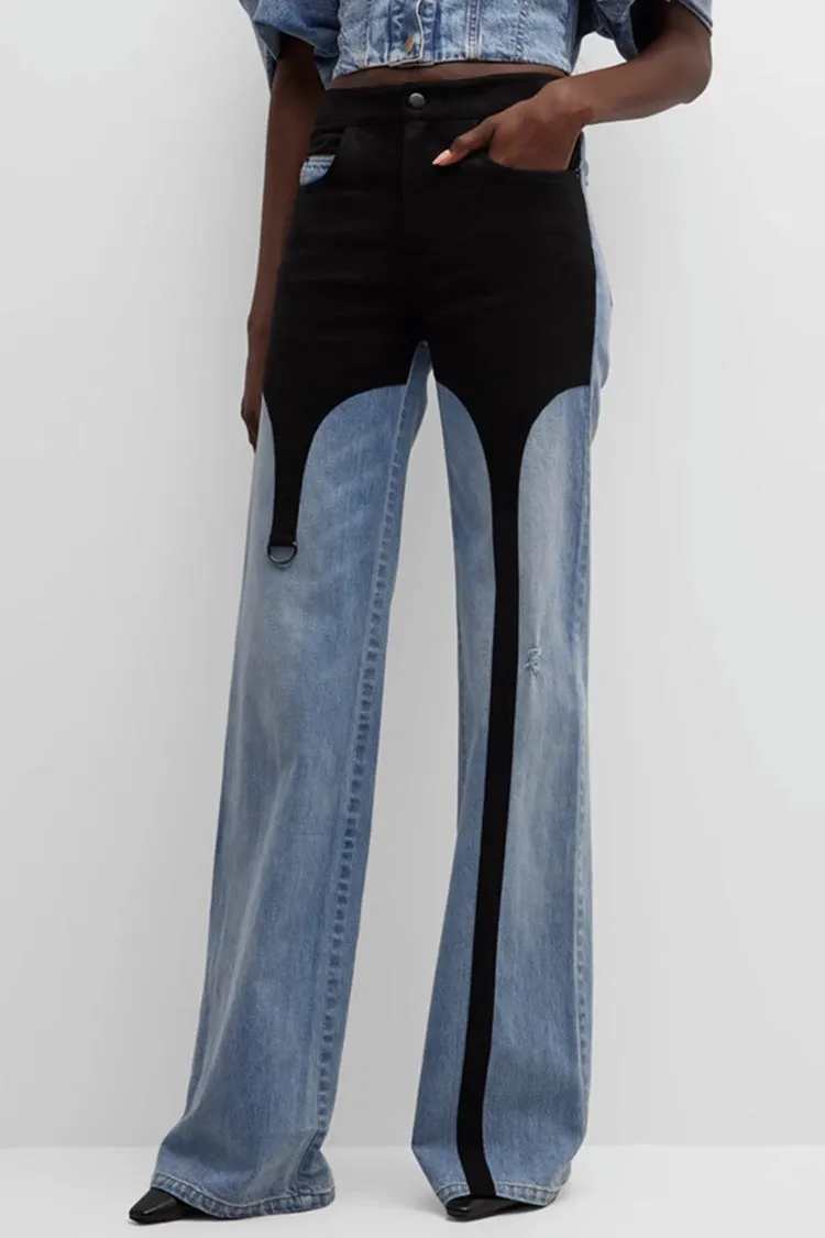 Asymmetric Color Block Hybrid High Waist Distressed Wide Leg Denim Jeans