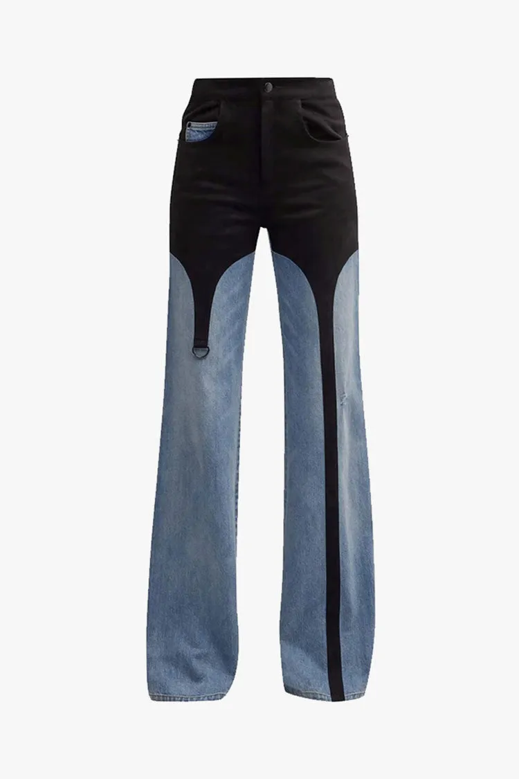 Asymmetric Color Block Hybrid High Waist Distressed Wide Leg Denim Jeans