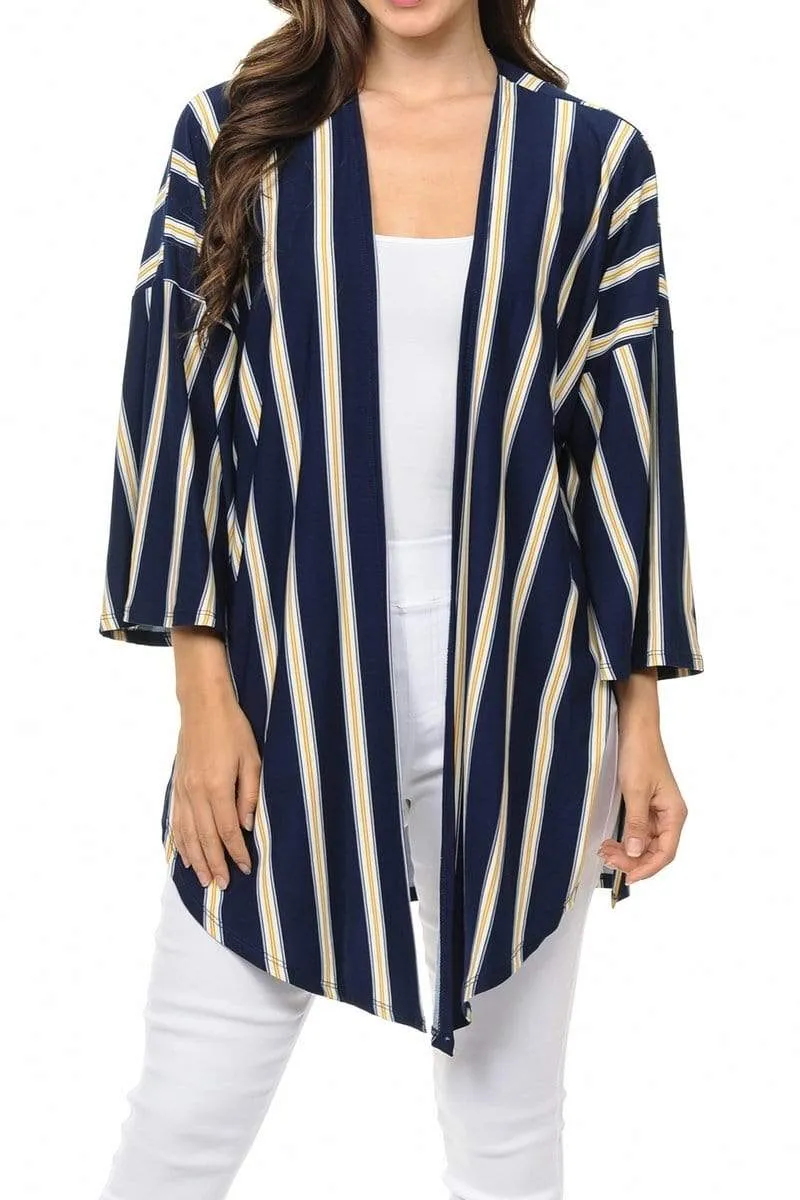 Auliné Collection Womens USA Made Casual Cover Up Cape Flannel Gown Robe Cardigan Kimono, Vertical Stripe