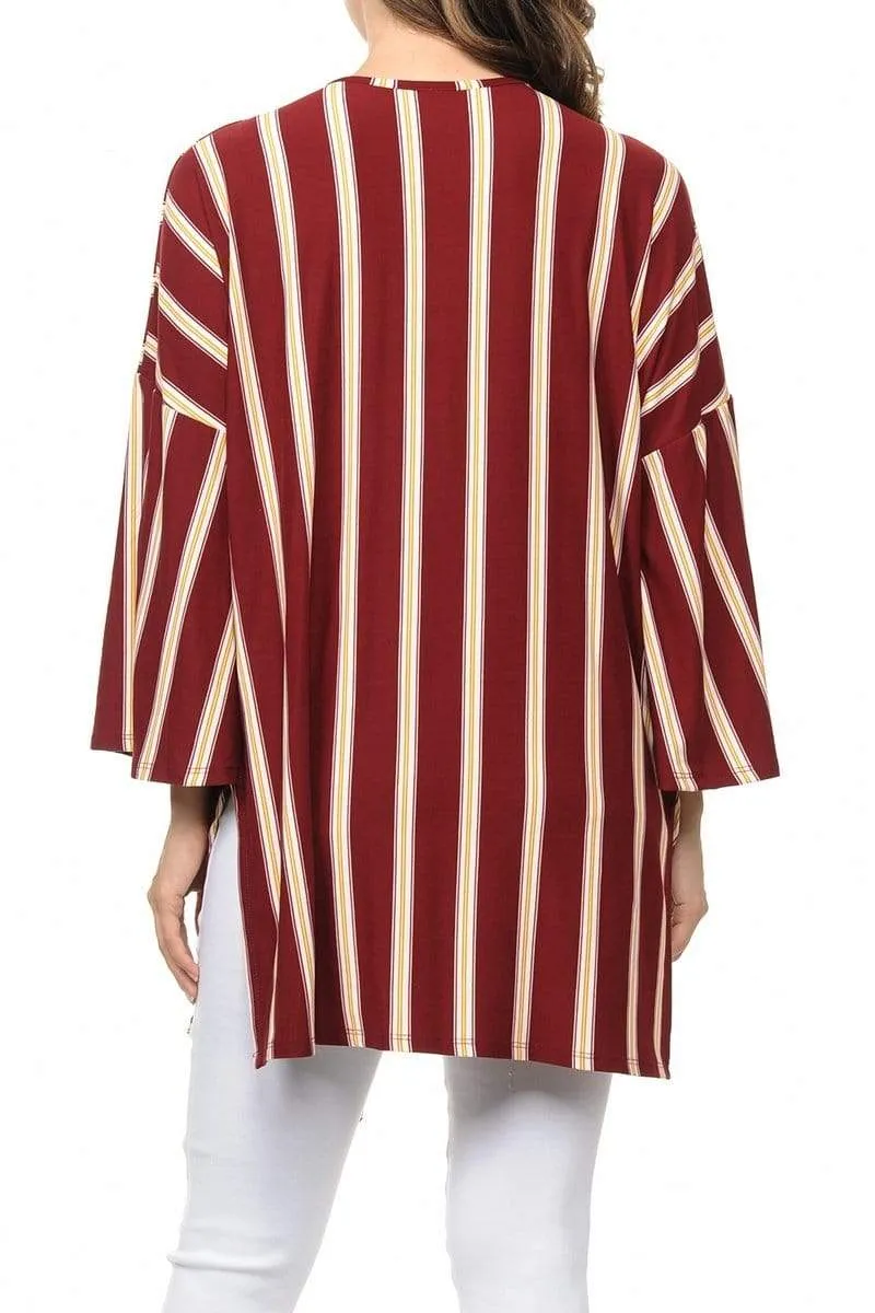 Auliné Collection Womens USA Made Casual Cover Up Cape Flannel Gown Robe Cardigan Kimono, Vertical Stripe