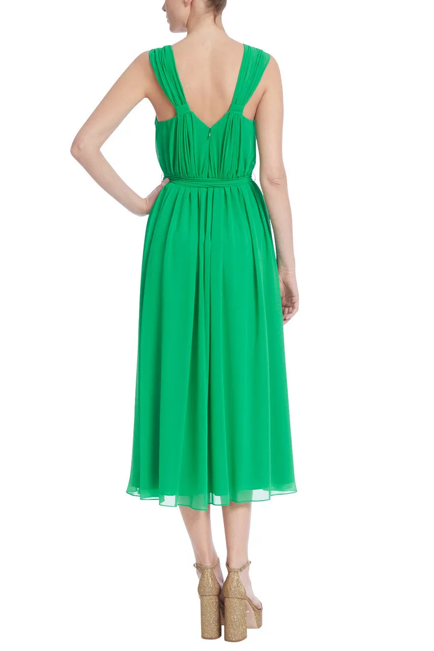 Badgley Mischka knotted neckline ruched tie waist A-line zipper closure georgette dress