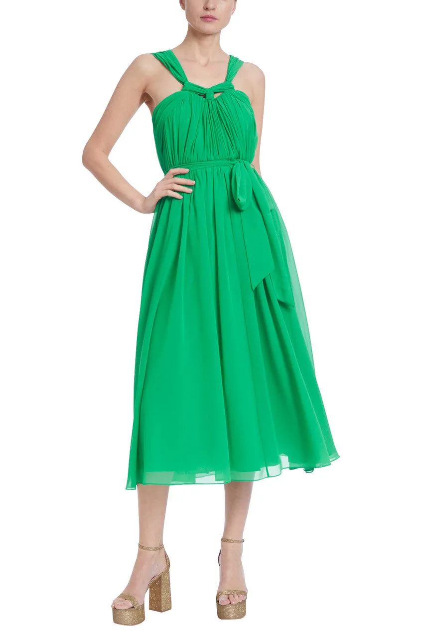 Badgley Mischka knotted neckline ruched tie waist A-line zipper closure georgette dress