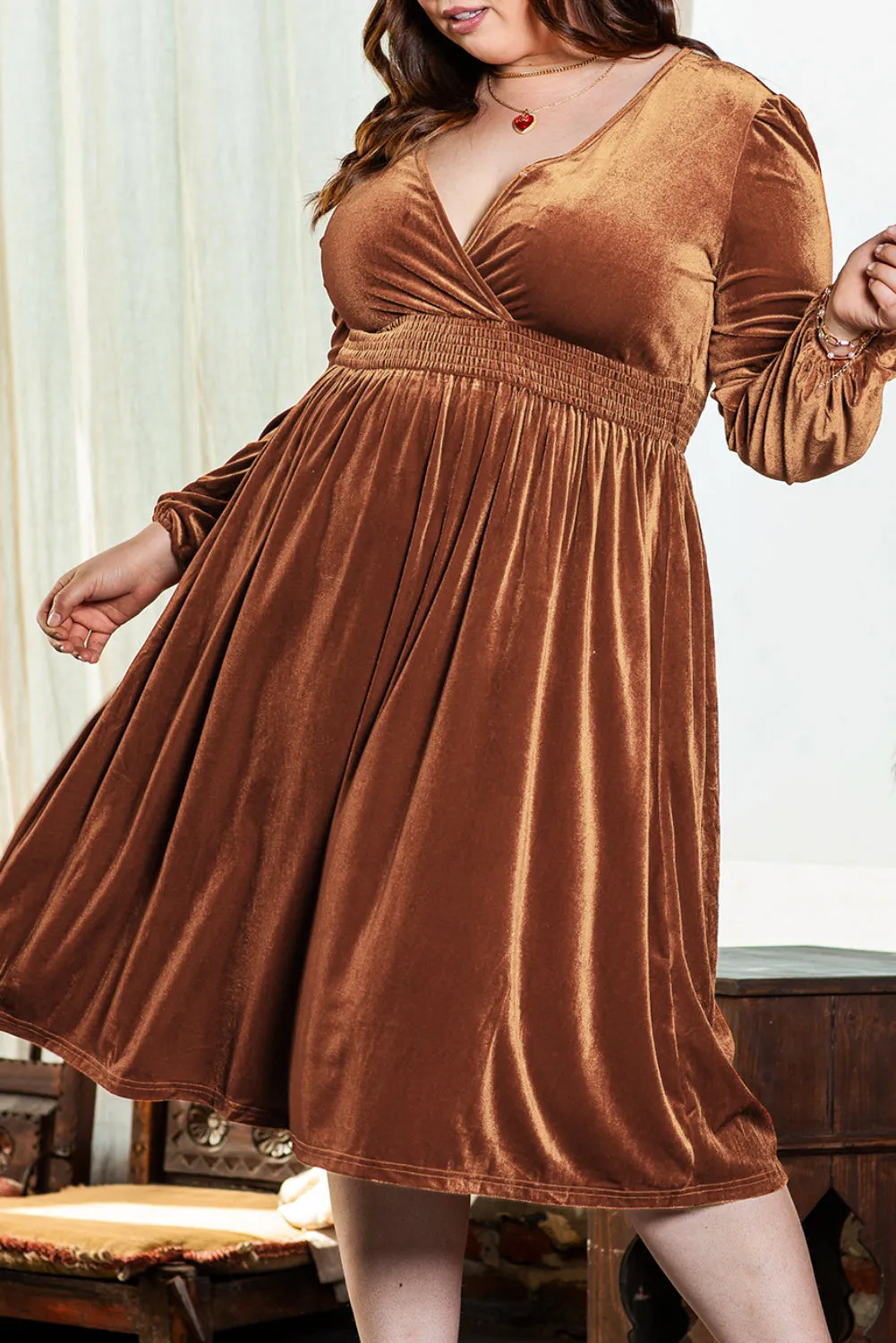 Balloon Sleeve Velvet Plus Size Dress