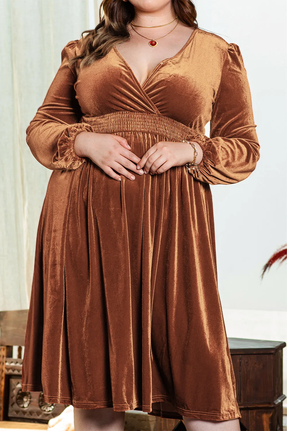 Balloon Sleeve Velvet Plus Size Dress