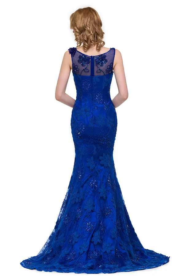 Bateau Sweep-length Applique Crystals Mermaid Form Dresses