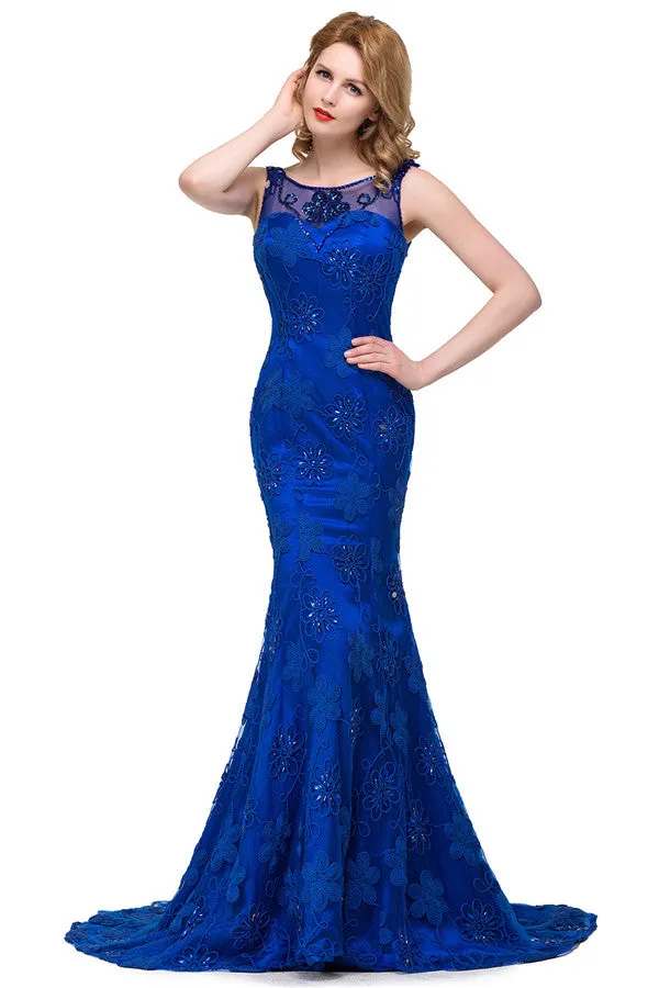 Bateau Sweep-length Applique Crystals Mermaid Form Dresses