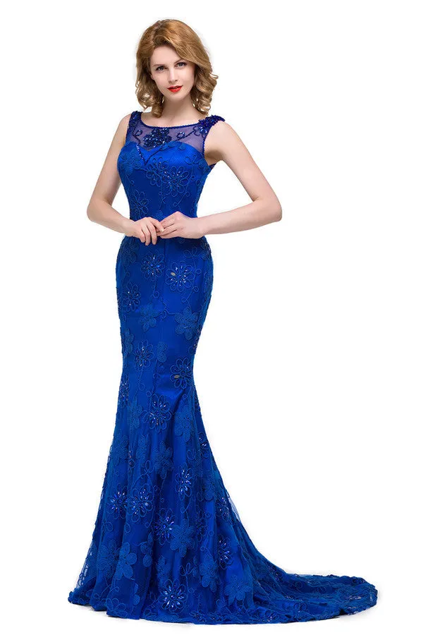 Bateau Sweep-length Applique Crystals Mermaid Form Dresses