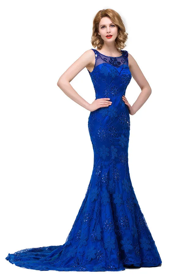 Bateau Sweep-length Applique Crystals Mermaid Form Dresses