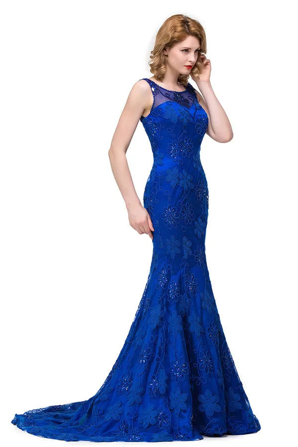 Bateau Sweep-length Applique Crystals Mermaid Form Dresses