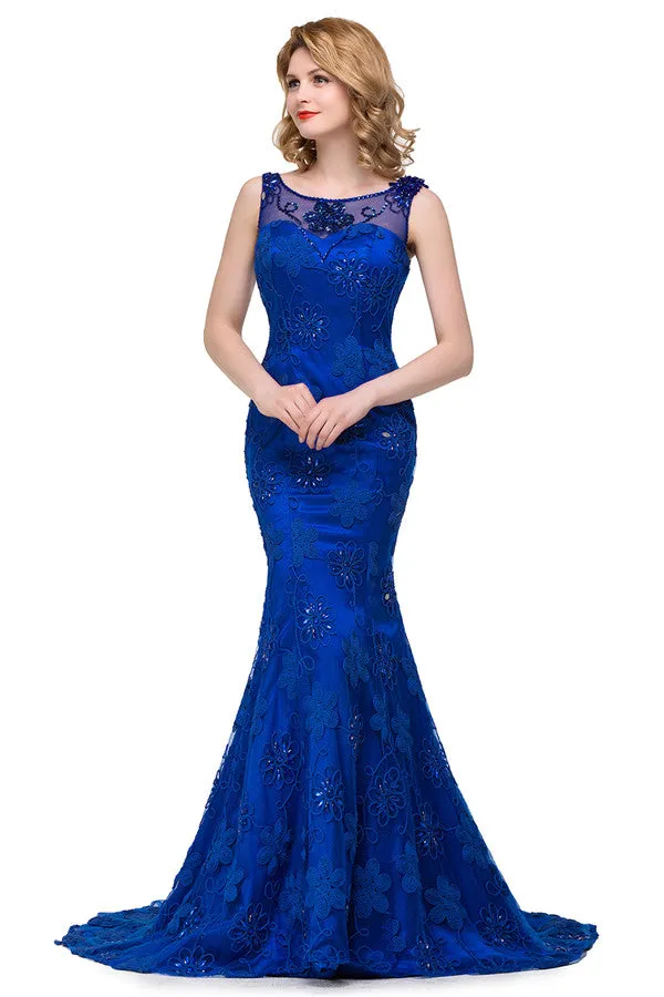 Bateau Sweep-length Applique Crystals Mermaid Form Dresses