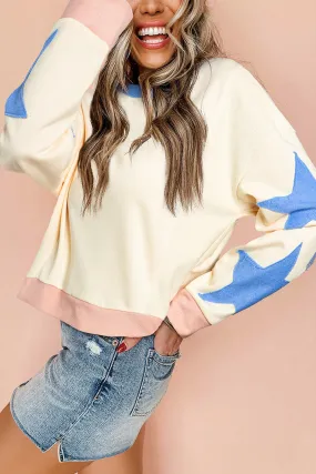 Beige Star Patchwork Exposed Seam Oversized Sweatshirt