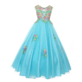 Big Girls Aqua Pink Floral Embroidered Lace Tulle Junior Bridesmaid Dress 8-16