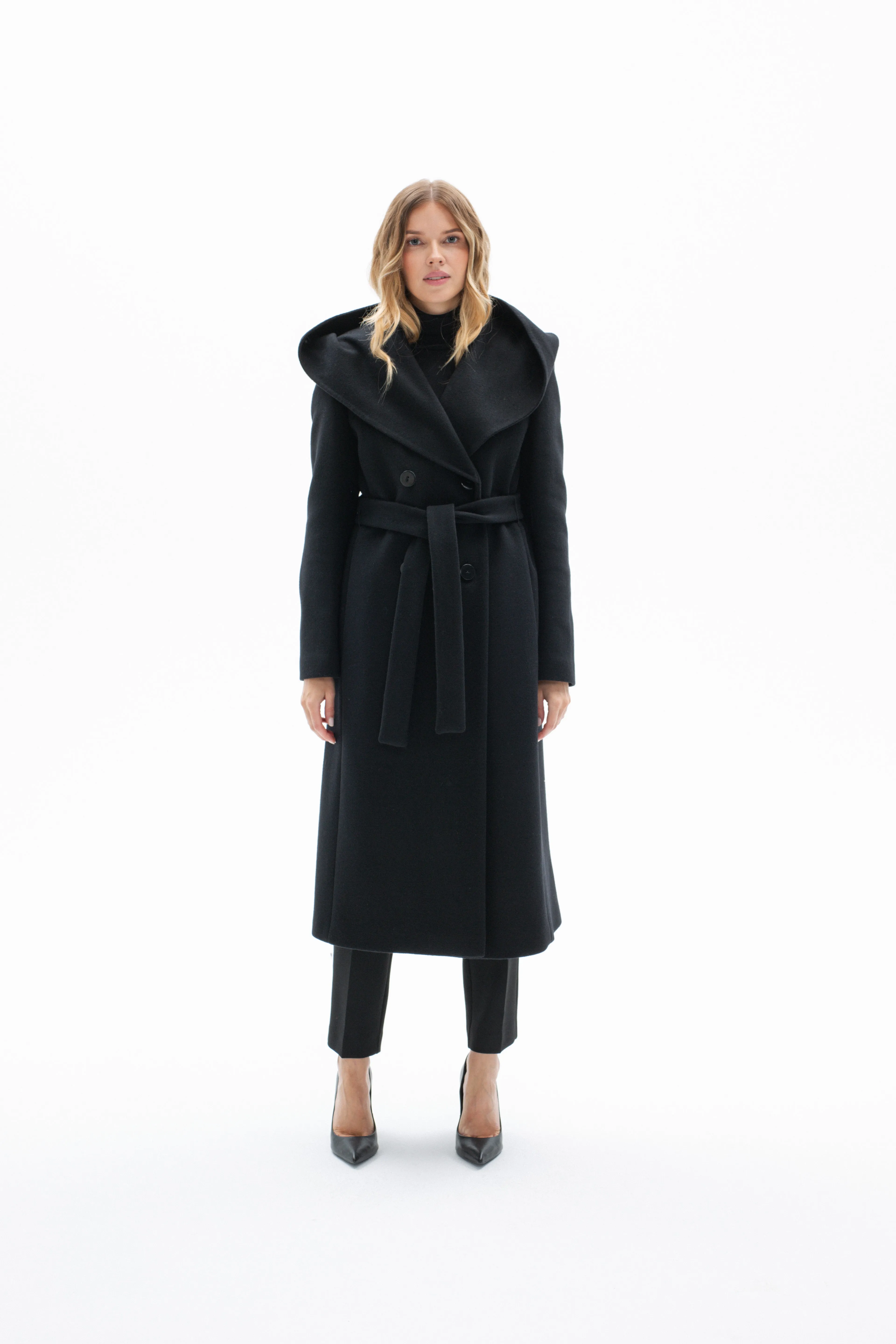 BLACK BELTED COAT WITH DOUBLE-FACED WOOL HOOD