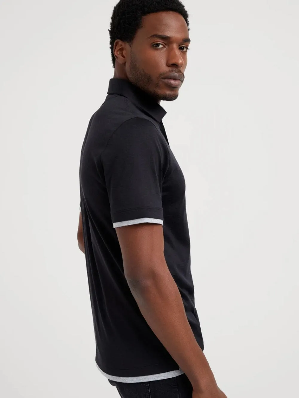 Black Silk-Cotton Faux-Layer Polo