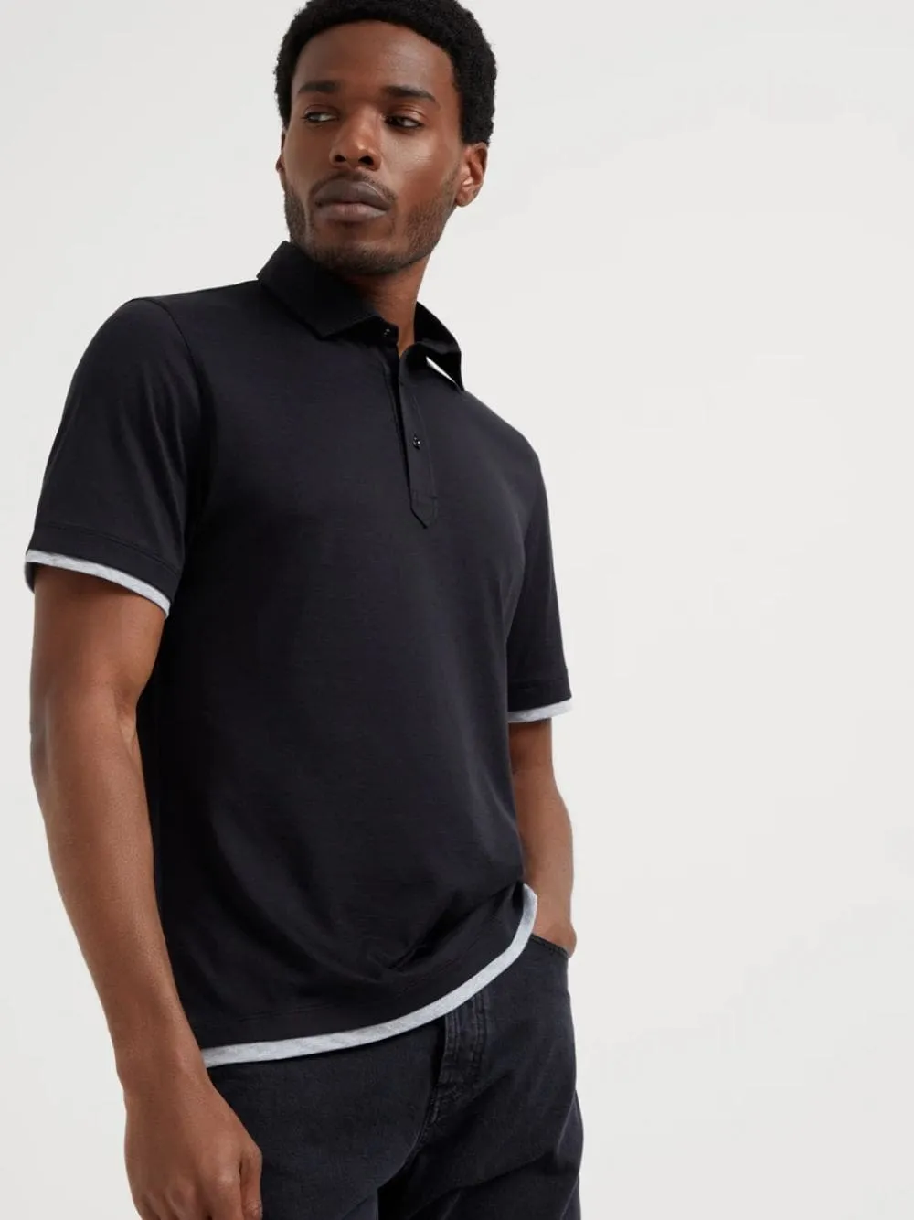 Black Silk-Cotton Faux-Layer Polo