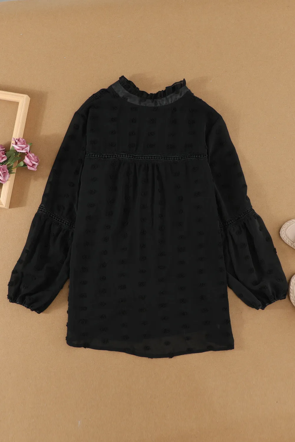 Black Swiss Dot Blouse with Lace Trim