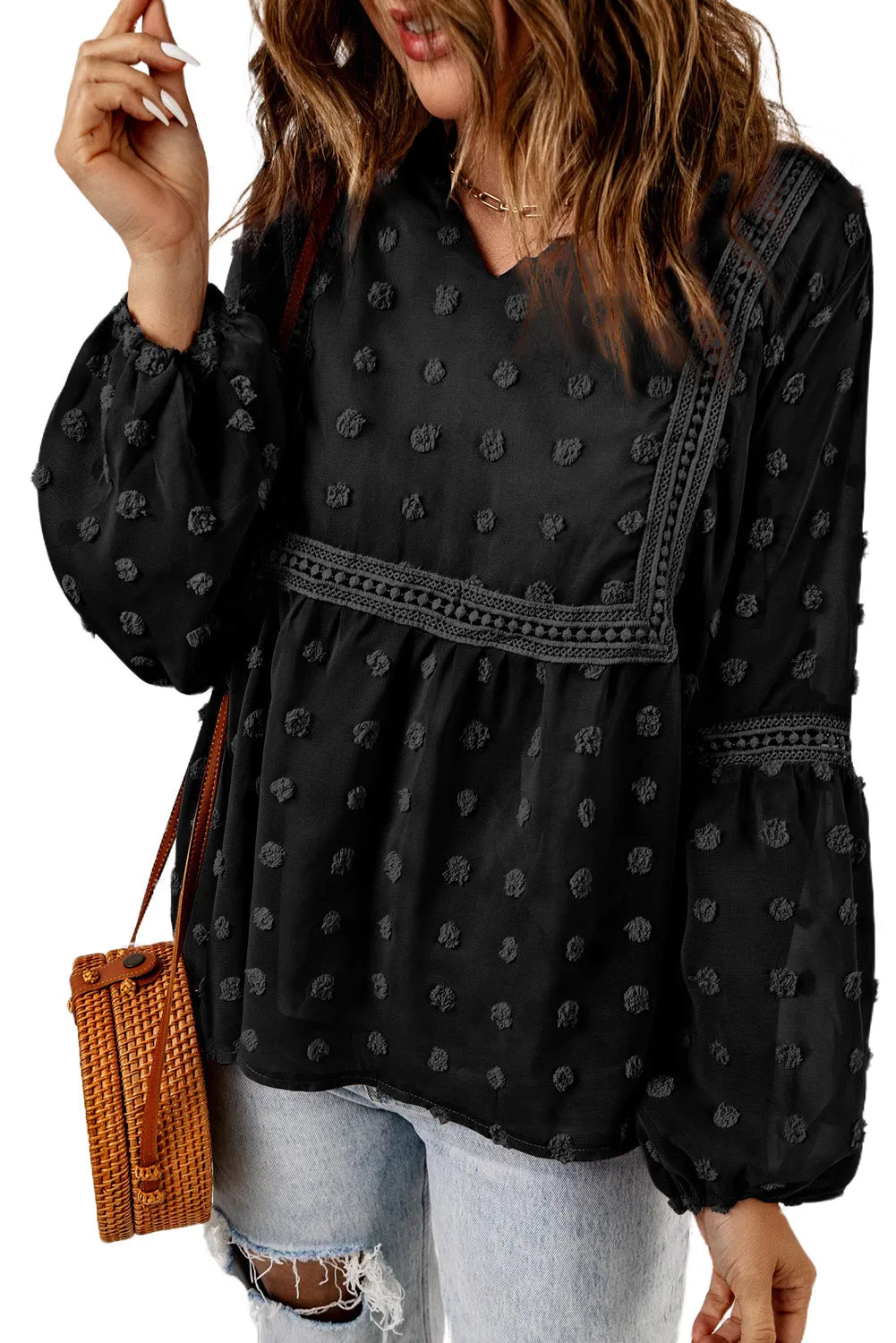 Black Swiss Dot Blouse with Lace Trim