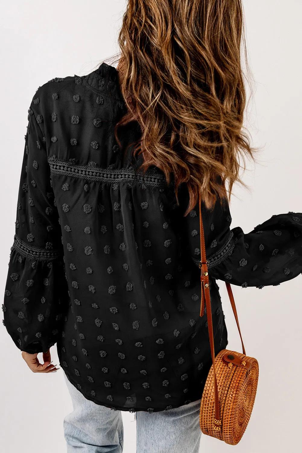 Black Swiss Dot Blouse with Lace Trim